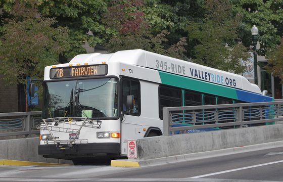 A Valley Regional Transit bus pulling away from a stop in Boise