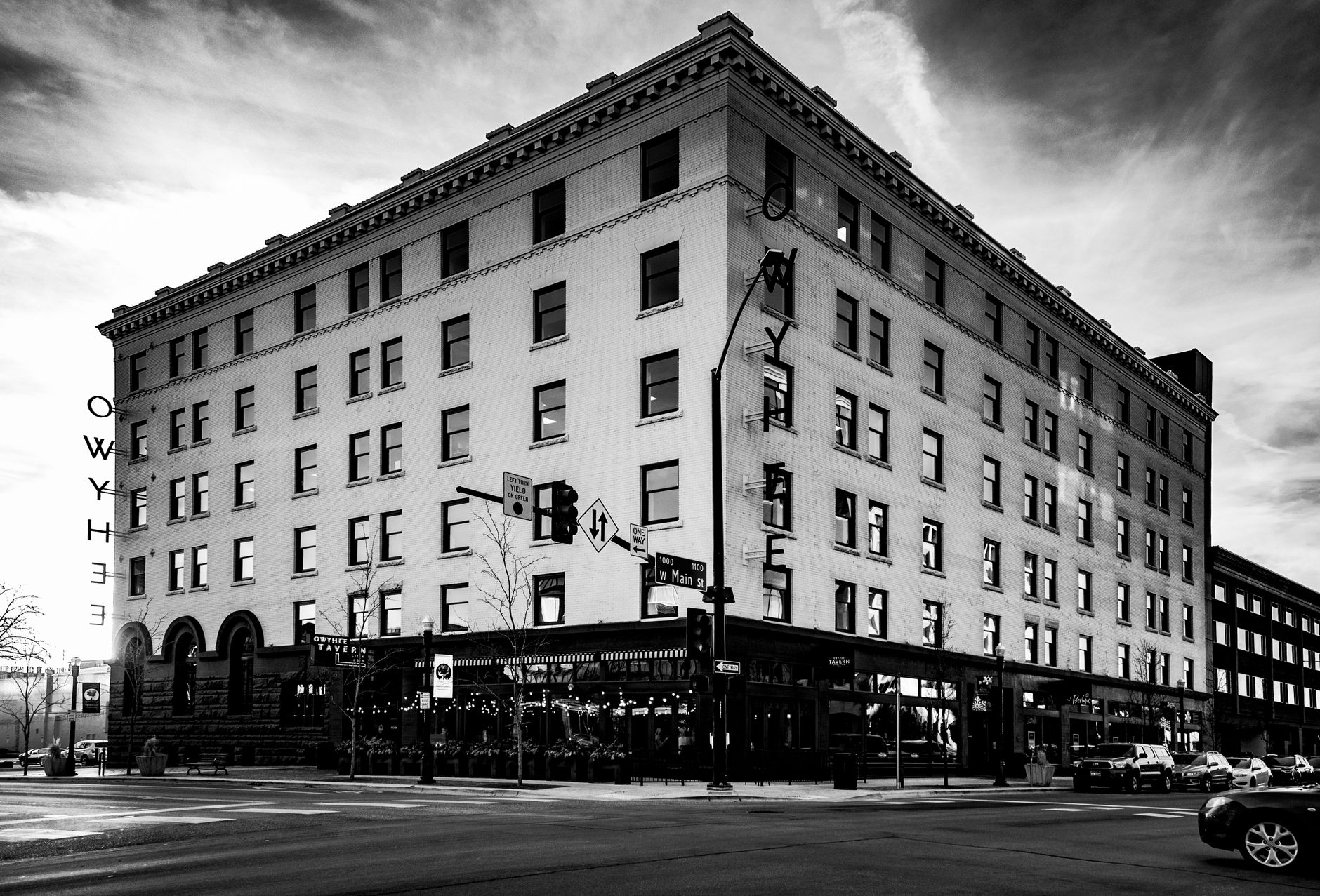 Striking black and white image of the historic Owyhee Building in downtown Boise, Idaho, illustrating What Is Boise's Brewery Scene Actually Built On