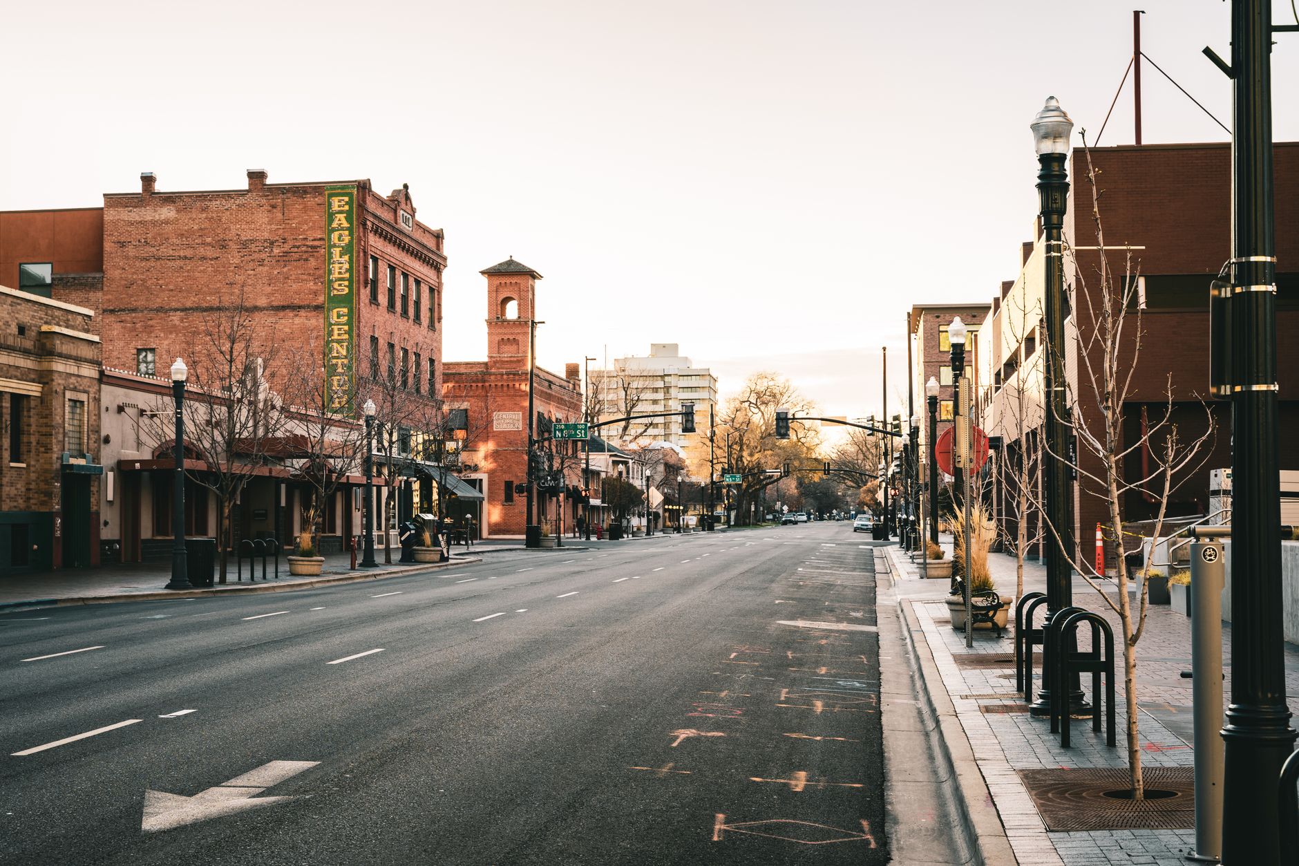 A quiet early morning on an empty street in downtown Boise, Idaho, showcasing historic architecture, illustrating How Boise Is Laid Out, and Which Way Its Streets Run