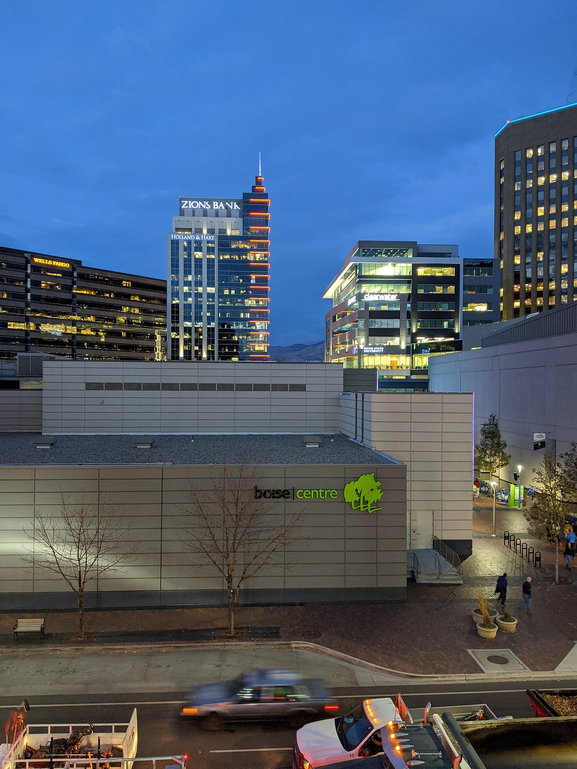 Boise Centre and downtown at night, illustrating What Is Downtown Boise, and Where Does It Begin and End