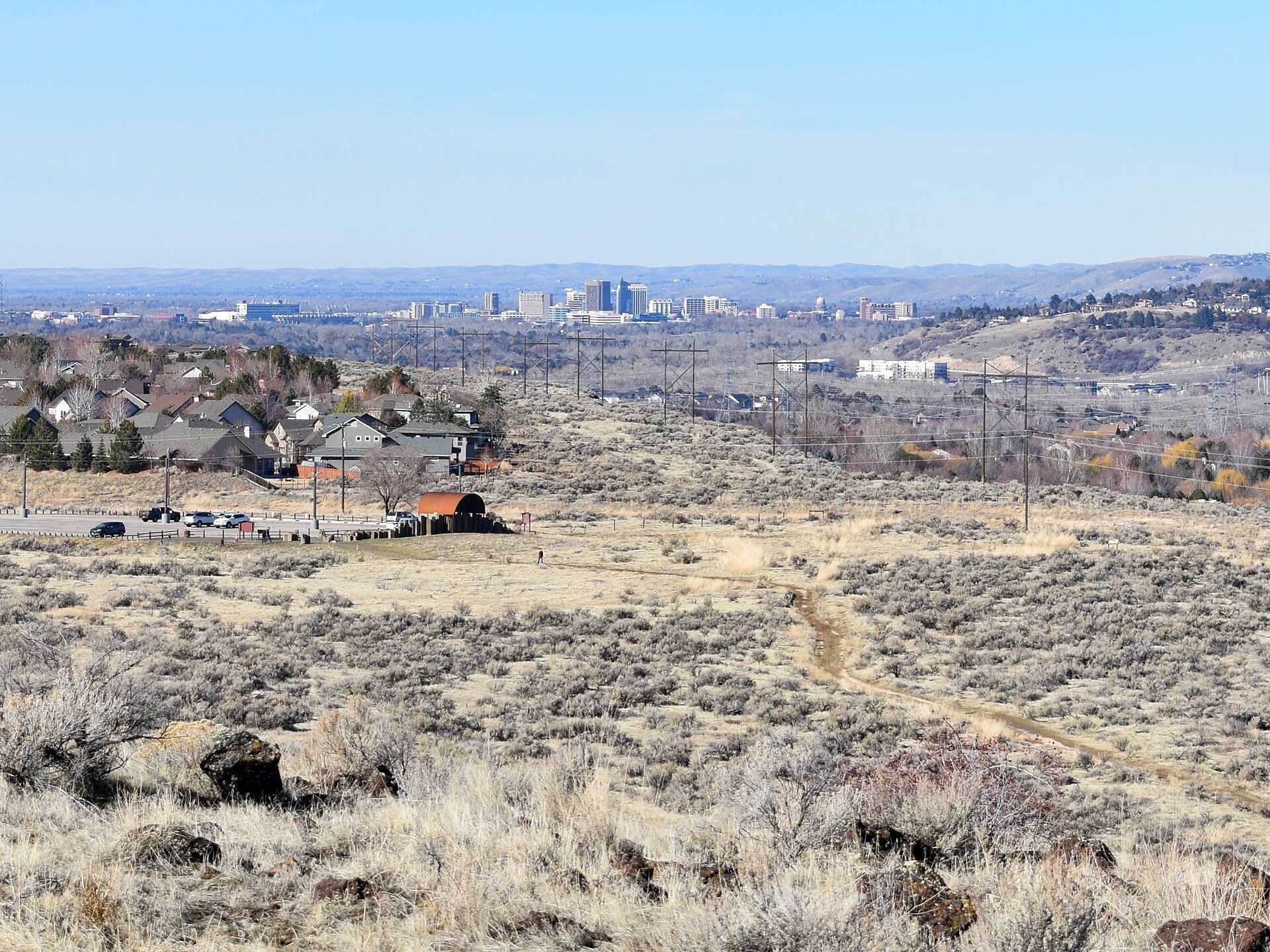 Boise Skyline from Oregon Trail Reserve, illustrating Idaho Botanical Garden and the Old Penitentiary Grounds