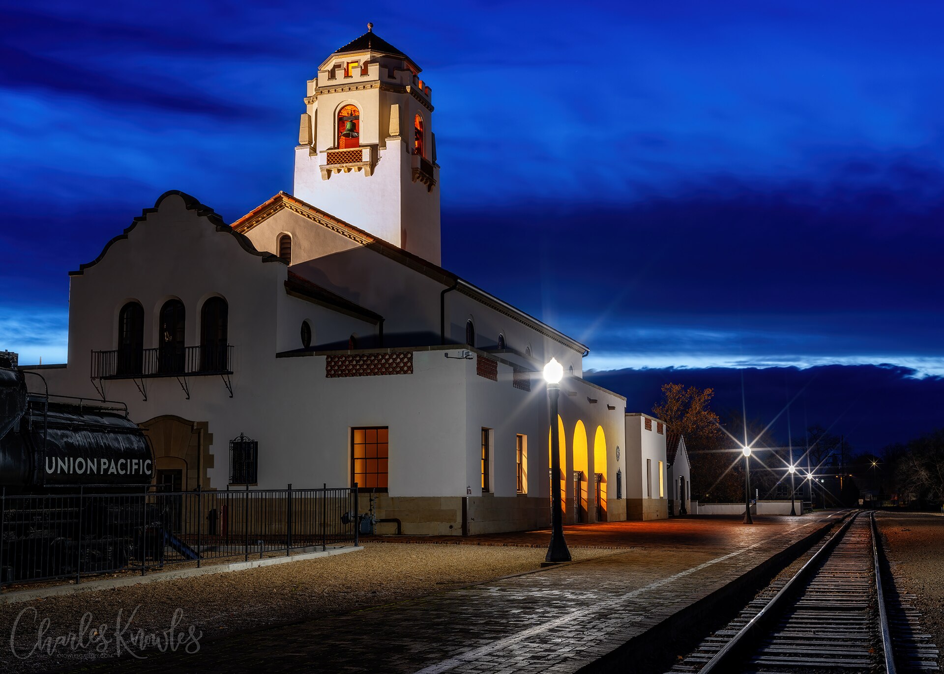 Boise train depot at night along the tracks Flickr Knowles Gallery, illustrating Planning a Boise Day at 100°F: A Straight Answer