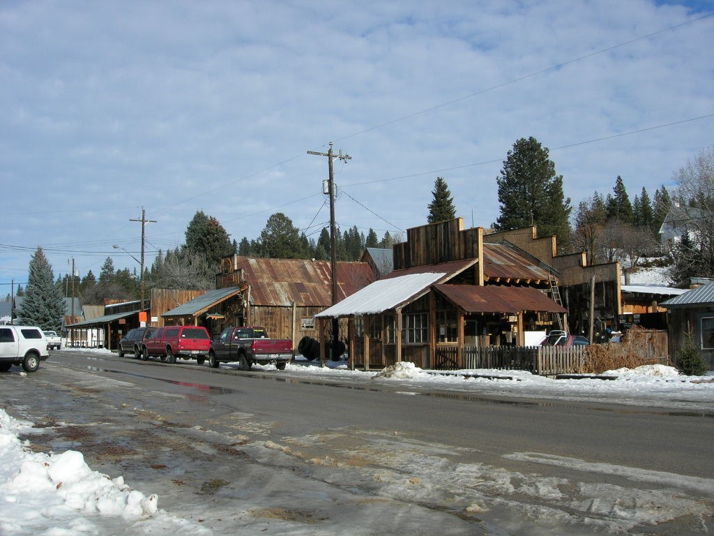 Surviving wooden storefronts along the main street of Idaho City
